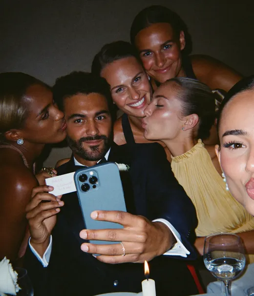Wedding guests taking a selfie at their table